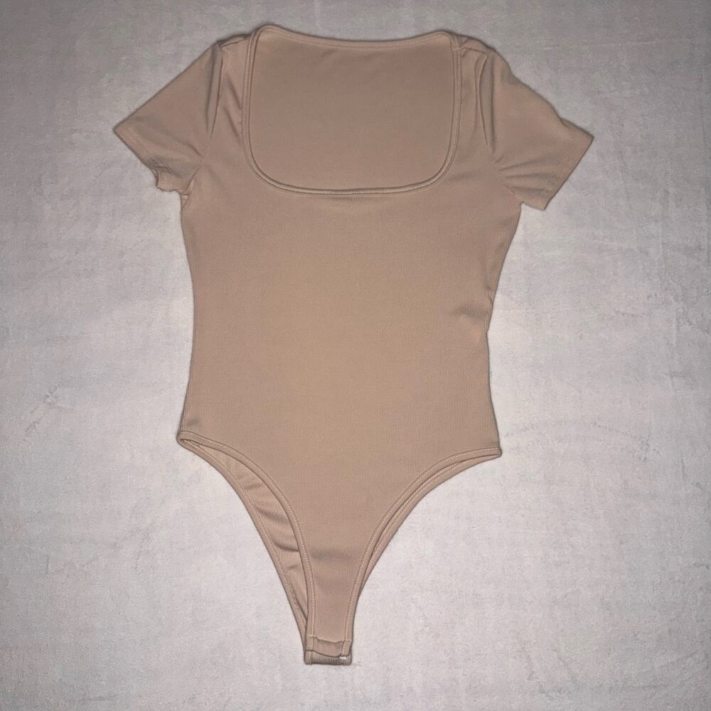 Beige Ribbed Squareneck Bodysuit